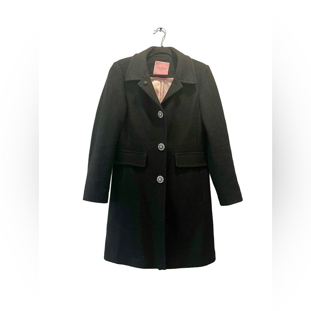 Kate Spade Wool Sparkle Tweed Long Black Winter Pea Coat Jacket Extra Small